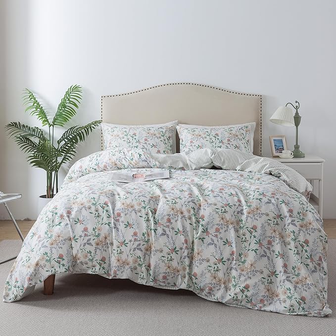 HoneiLife Cotton Duvet Cover King - Botanical Comforter Cover, 3-PC Bedlinen for Set with Zipper Closure & Corner Ties, Sweat-Absorption Comforter Cover Sets, Desert Rose