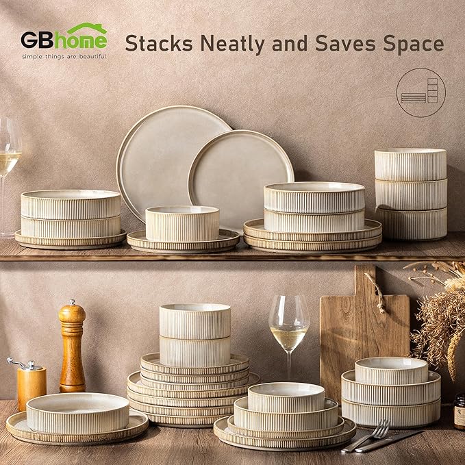 GBHOME 18-Piece Stoneware Dinnerware Set for 6 – Ribbed Ceramic Plates and Bowls, Scratch-Resistant, Microwave & Dishwasher Safe, Reactive Glaze, Cappuccino
