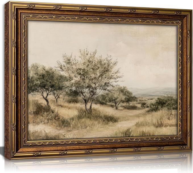 Vintage Gold Framed Olive Tree Landscape Wall Art - Retro Country Farmhouse Canvas Prints, Rustic Nature Scene Painting Prints Artwork for Living Room Bedroom Dining Room Decor，12x16in