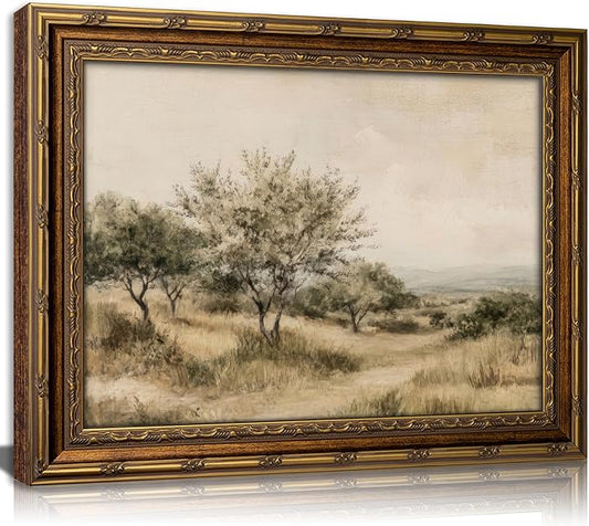 Vintage Gold Framed Olive Tree Landscape Wall Art - Retro Country Farmhouse Canvas Prints, Rustic Nature Scene Painting Prints Artwork for Living Room Bedroom Dining Room Decor，12x16in