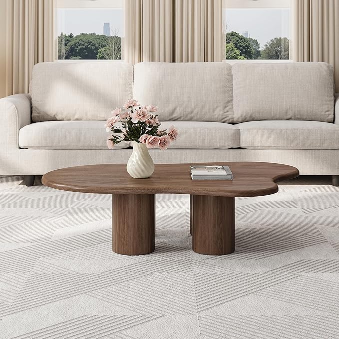 Modern Coffee Table - 47" Small Coffee Table Cloud-Shaped for Living Room, Low Profile Wooden Center Table with Curved Edges for Small Spaces & Contemporary Decor