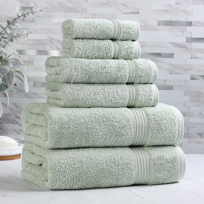 Superior Heritage Egyptian Cotton 6 Piece Towel Set, Heavyweight Towels for Bathroom, Guest Bath, Luxury Home Decor, Plush Absorbent Essentials, Includes 2 Bath, 2 Hand, 2 Face Towels, Sage