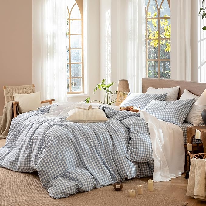 MooMee Gingham Duvet Cover Set 100% Washed Cotton Linen Like Textured Breathable Durable Soft Comfy Modern Checkered Design (Classic Gingham Cornflower Blue, Oversized Full 82"x86")
