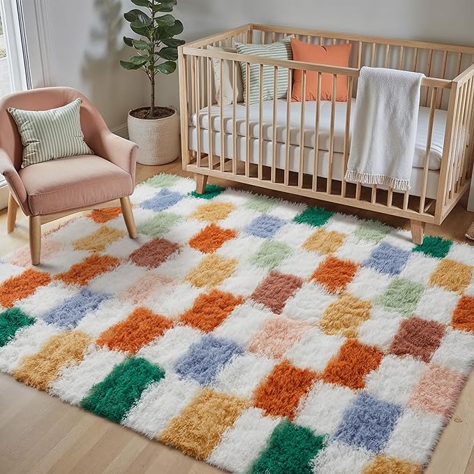 Checkered Rug 3x5 for Living Room, Modern Neutral Shag Rug Soft Washable Fluffy Rugs Indoor Fuzzy Carpet for Bedroom Home Dorm Aesthetic Decor