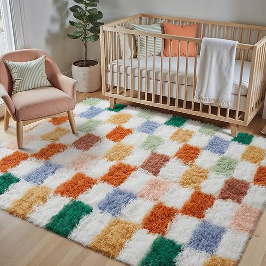 Checkered Rug 3x5 for Living Room, Modern Neutral Shag Rug Soft Washable Fluffy Rugs Indoor Fuzzy Carpet for Bedroom Home Dorm Aesthetic Decor