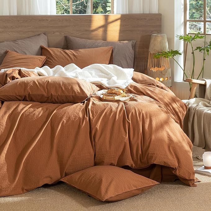MooMee Wavy Striped Duvet Cover Set 100% Washed Cotton Linen Like Textured Breathable Durable Soft Comfy (Dark Orange, Cal King 104"x98")