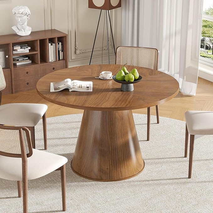 Round Dining Table for 4, Farmhouse Fluted Dining Kitchen Table, 47 Inch Modern Wood Small Circle Dining Table for Kitchen Living Room (Walnut, 47inch)