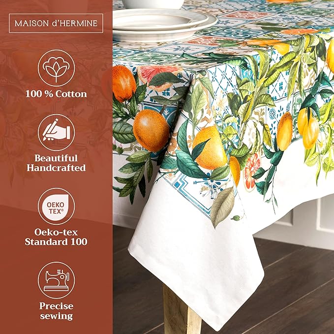 Maison d' Hermine Table Cloth Rectangle Table 100% Cotton 70 x 90 Inches Tablecloth Reusable Decorative for Dining Room Farmhouse Home Valentines Day Decorations Spring Summer - Agrume