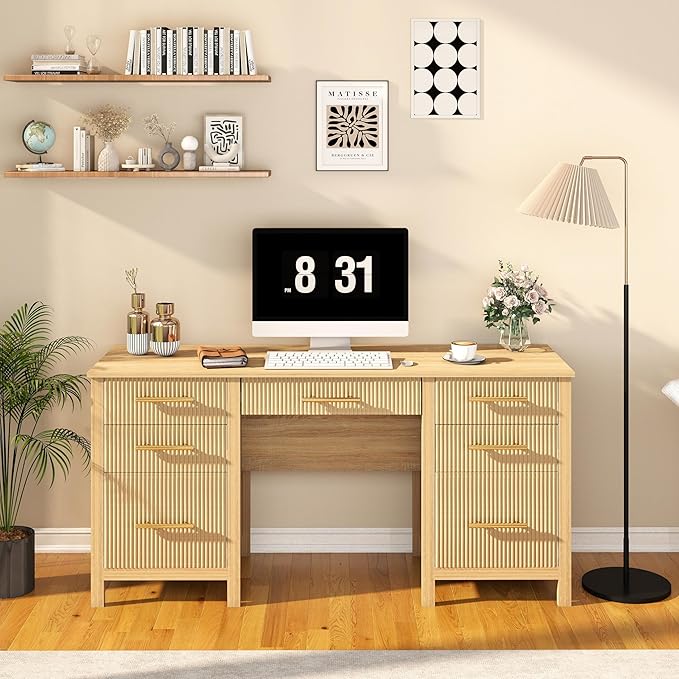 Modern Executive Desk with Drawers: 60" Oak Home Office Desks with File Drawers, Wood Fluted Computer Writing Desk for Work, Study, and Living Room (60")