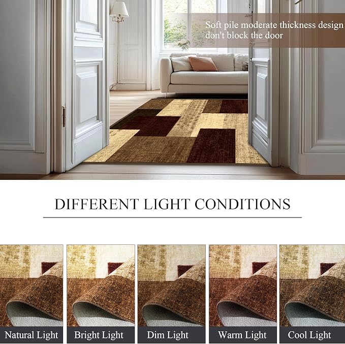 Modern Geometric Patchwork Indoor Area Rug for Living Room, Red 5x7 Large Rug Rockwood Collection Hardwood Floors Decor for Bedroom, Burgundy Throw Carpet for Office Entryway Dining Room