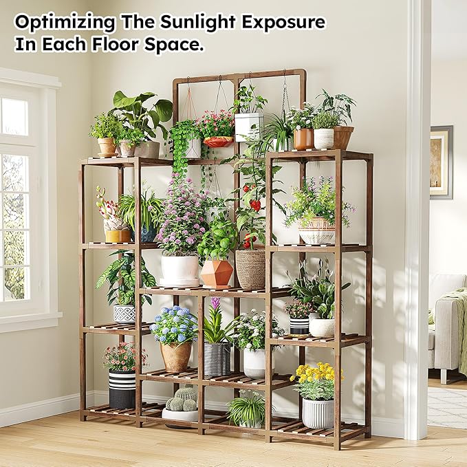EnHomee Plant Stand Indoor Wood Plant Stand Outdoor Tiered Plant Shelf for Multiple 16-21 Potted Plants for Living Room Patio Balcony Yard Garden 44.9" W x 11.8" D x 62.2" H
