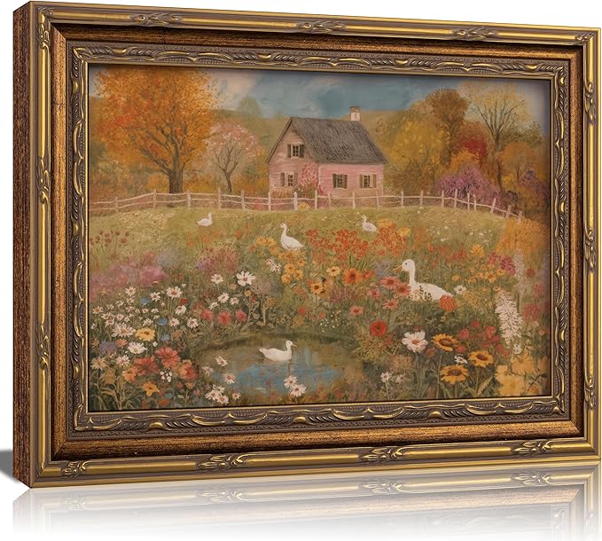 Vintage Gold Framed Autumn Country Cottage with Ducks Wall Art, Rustic Farmhouse Flower Garden Canvas Prints, Retro Fall Farm Scene Painting Poster Artwork for Living Room Kitchen Wall Decor,12X16in