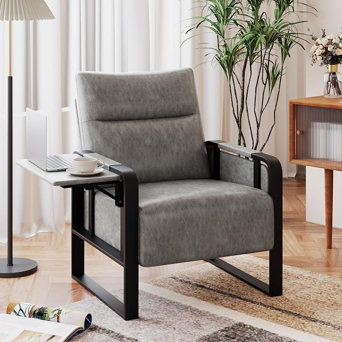 Upholstered Living Room Chair Armchair, Mid Century Faux Leather Metal Accent Chair, Reception Couch Office Guest Chair Slipper Club Lounge Single Sofa with Sidetable for Bedroom-Grey