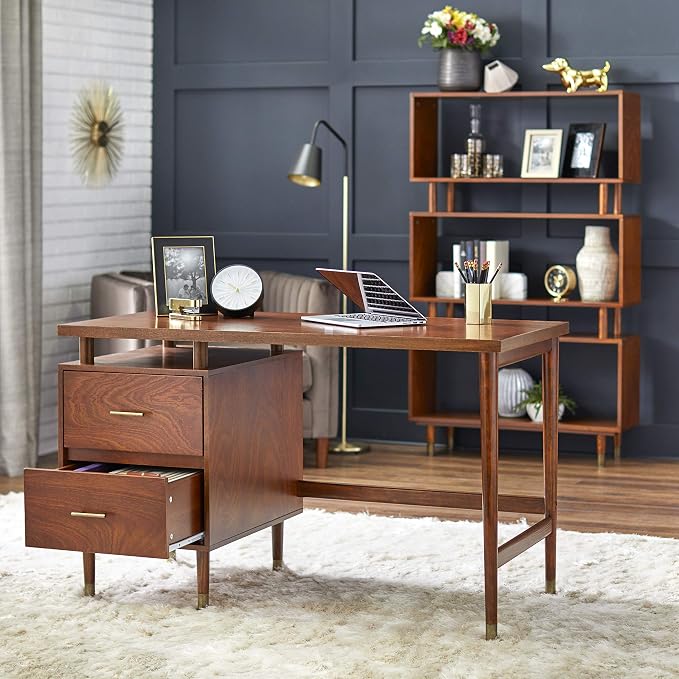 Margo 50" Wide Mid-Century Modern Wood Desk with Drawers, Stylish Elevated Top Design, Solid Pine Wood Tapered Legs, Computer Desk for Home Office & Study, Walnut