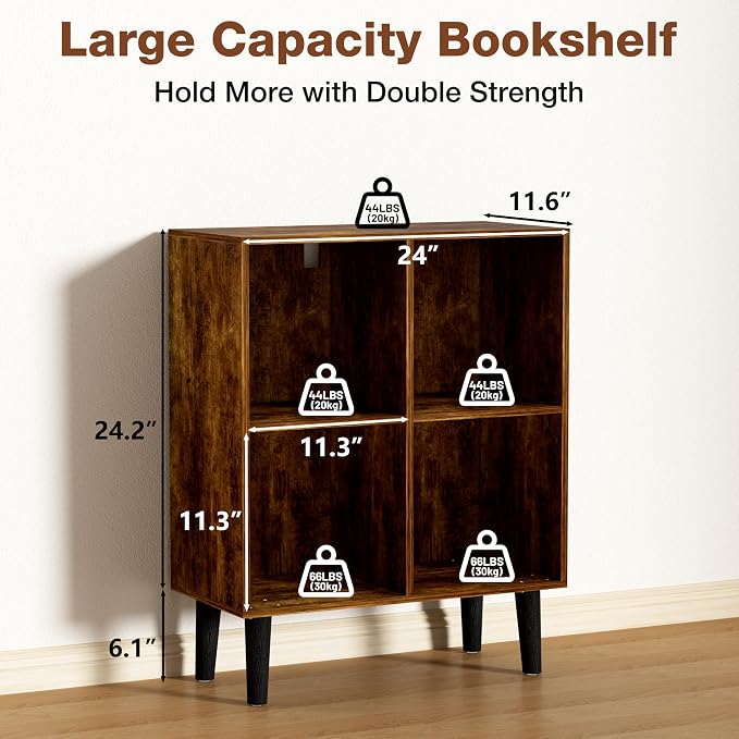 4 Cube Bookcase, Wooden Book Shelf Cube Storage Organizer with Legs, 2 Tier Bookshelf Freestanding Open Shelves for Living Room, Bedroom, Home Office (Brown, 4 Cube)