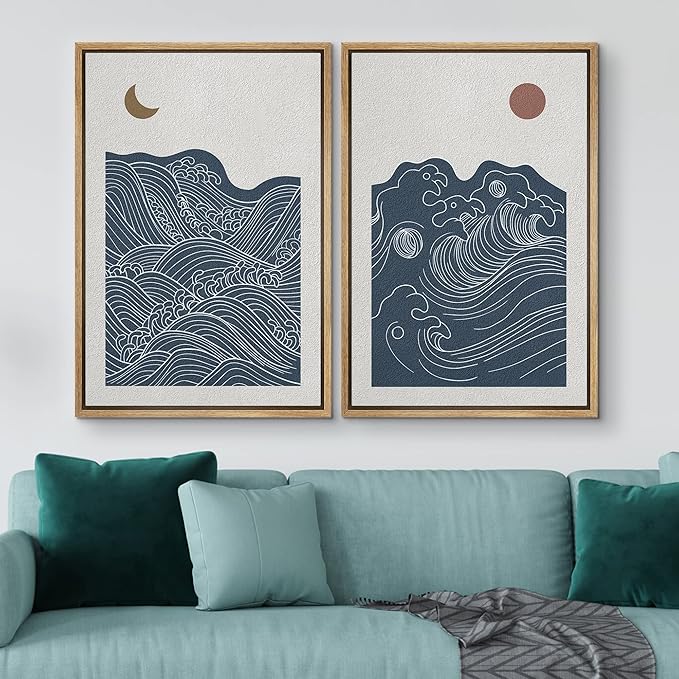 IDEA4WALL Framed Canvas Print Wall Art Set Crescent Moon Sun Ocean Waves Abstract Shapes Illustrations Modern Art Decorative Bohemian Calm/Zen for Living Room, Bedroom, Office - 24"x36"x2 Natural