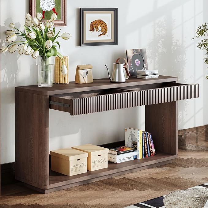Wood Console Table, 59.8" Retro Long Sofa Table Behind Couch with 2 Fluted Drawers, Farmhouse Wooden Narrow Sofa Table Hall Table for Living Room Foyer Entrance Entryway, Walnut