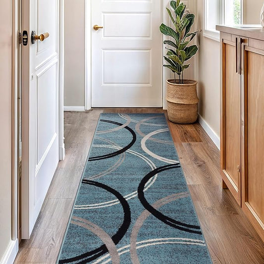 Rugshop Modern Wavy Circles Design Runner Rug, Non-Shedding Carpet for Hallway, Kitchen, or Foyer, Blue, 2'7" x 8'