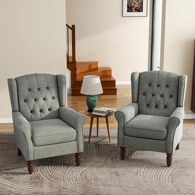 High Back Accent Chairs Set of 2, Upholstered Armchair in Fabric, Retro Wingback Arm Chair for Living Room, Comfy Single Sofa Bedroom Reading Seat with Solid Wood Legs - Dark Gray