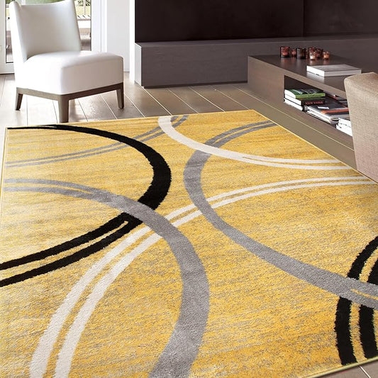 Rugshop Wavy Circles Design Area Rug, Fade-Resistant Carpet for Living Room, Dining Room, or Bedroom,Grand Room,Open Spaces Yellow, 10' x 14'