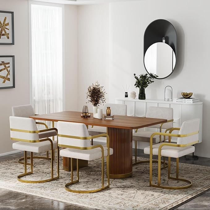 AUZ 70" Mid-Century Modern Dining Table for 4-6, Wood Kitchen Table with Fluted Pedestal Base and Brushed Gold Accents, Large Rectangular Farmhouse Dinner Table, Walnut(Table Only)