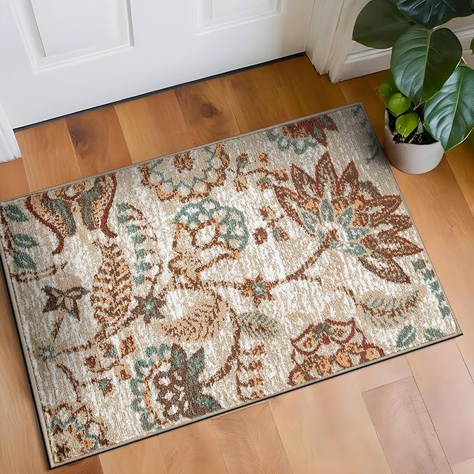 Rugshop Beige Floral Area Rug 2x3- Vintage Botanical Indoor Carpet for Living Room, Bedroom, or Dining Room – Non-Shedding, Soft Low-Pile Traditional Rug 2' x 3'