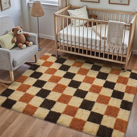 Checkered Rug 4x6 for Living Room, Colorful Modern Shag Rug Super Soft Washable Fluffy Rugs Indoor Fuzzy Carpet for Bedroom Home Dorm Aesthetic Decor