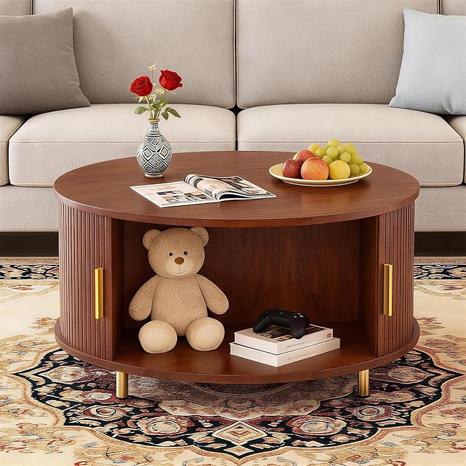 DHH Round Coffee Table, 31.5" Mid Century Modern Coffee Table with 360° Sliding Tambour Door, Fluted Accent Coffee Table with Storage Adjustable Footpads for Living Room (Walnut)
