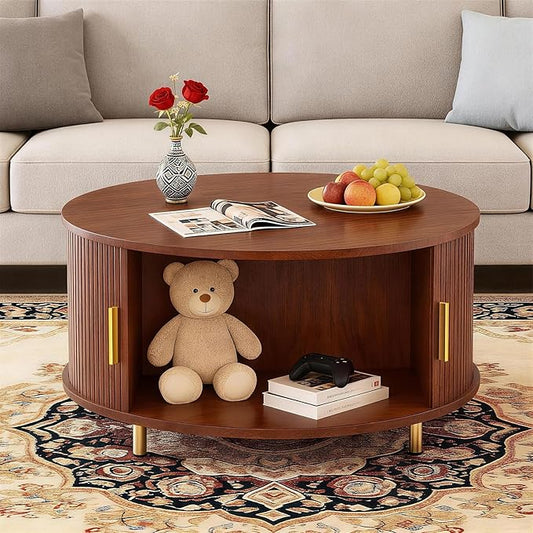 DHH Round Coffee Table, 31.5" Mid Century Modern Coffee Table with 360° Sliding Tambour Door, Fluted Accent Coffee Table with Storage Adjustable Footpads for Living Room (Walnut)
