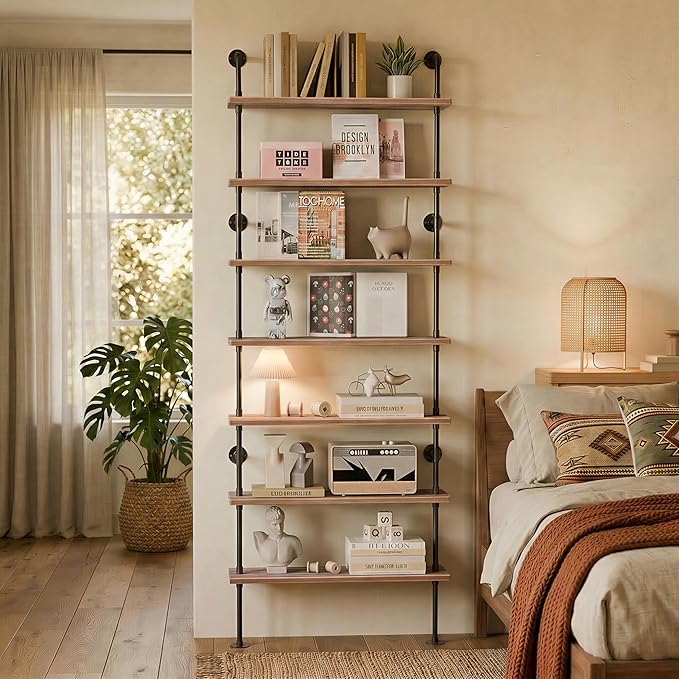 7 Tier Industrial Wall Mounted Ladder Shelf Bookcase, Rustic Wood Metal Pipe Industrial Shelves for Living Room Decor and Storage (Weathered Brown, 7 Tier - 10" D x 36" W x 95.5" H)