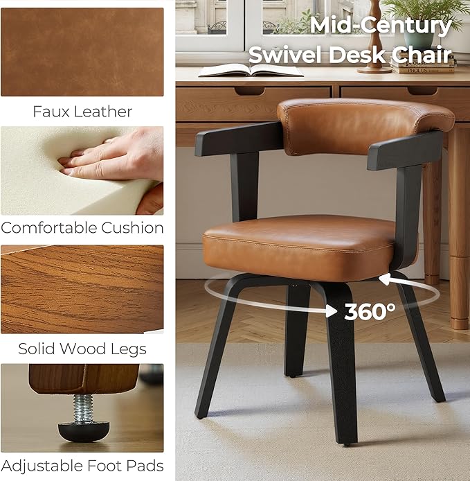Art Leon Home Office Desk Chair - Mid Century Modern Chair, Faux Leather Office Chair No Wheels, Comfy Accent Arm Chair with Wood Legs for Small Spaces Living Room Bedroom Study, Black/Walnut