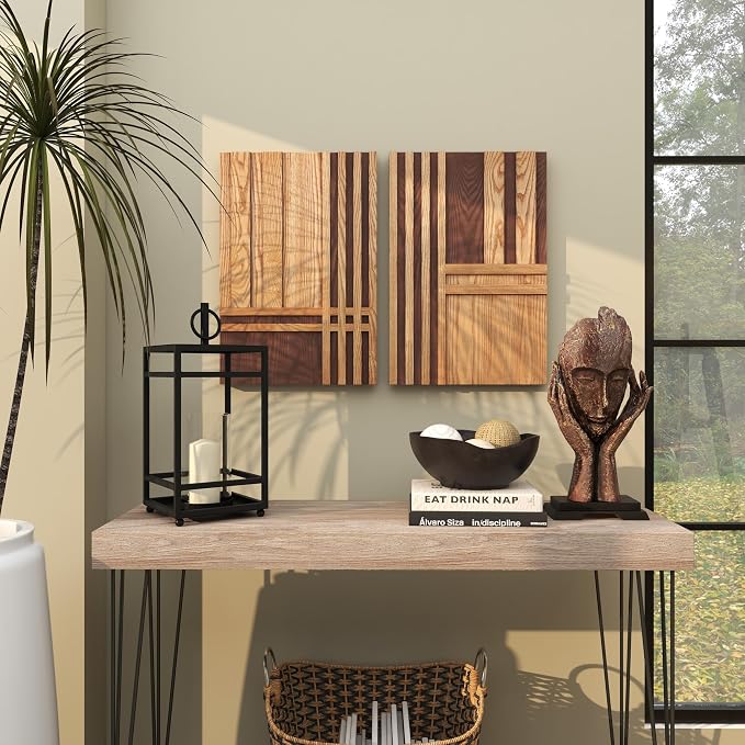 Deco 79 Wooden Geometric Home Wall Decor Carved Two-Toned Striped Wall Sculpture, Set of 2 Wall ArtW, 24" H, Brown