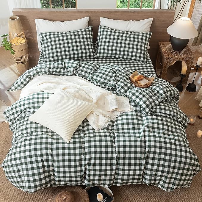 MooMee Gingham Duvet Cover Set 100% Washed Cotton Linen Like Textured Breathable Durable Soft Comfy Modern Checkered Design (Buffalo Plaid Forest Green, Full 80"x90")