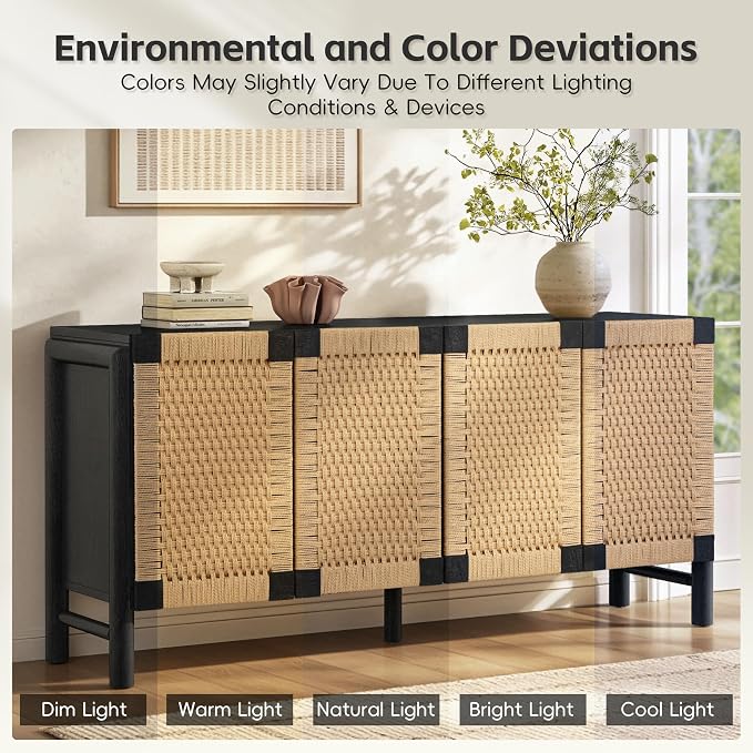 Modern Farmhouse Sideboard Buffet Cabinet 65.6’’ Boho Credenza Coffee Bar Console with Handwoven Paper Rope Doors, Storage Accent Cabinet for Living Room, Hallway & Kitchen, Black