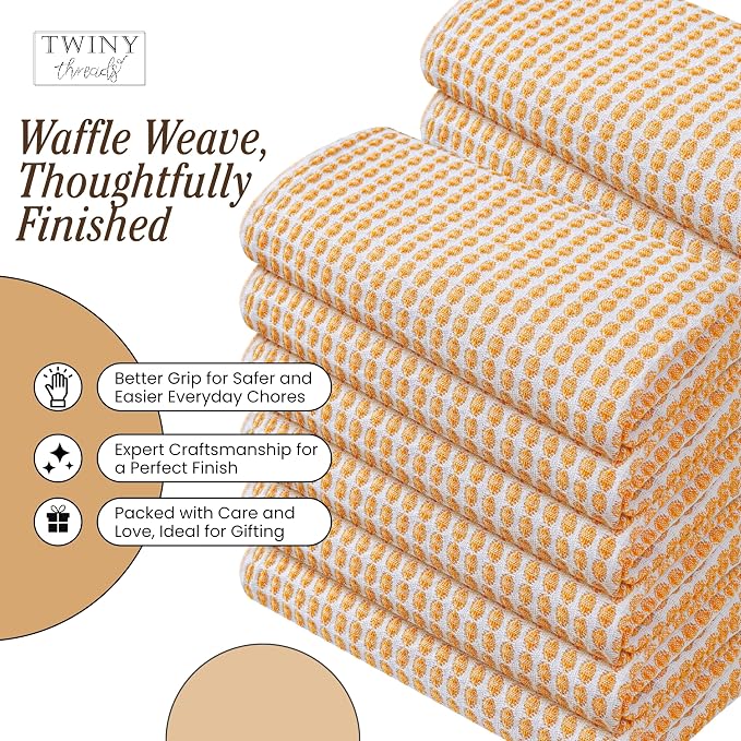 TWINY threads Circle Waffle Tea Towels 4 Pack, 16x26 Inches, 100% Cotton, Heavy Duty, Quick Dry, Reusable Dish Cloths, Ideal for Baking, Cooking, Farmhouse Kitchen Decor, Mustard Yellow