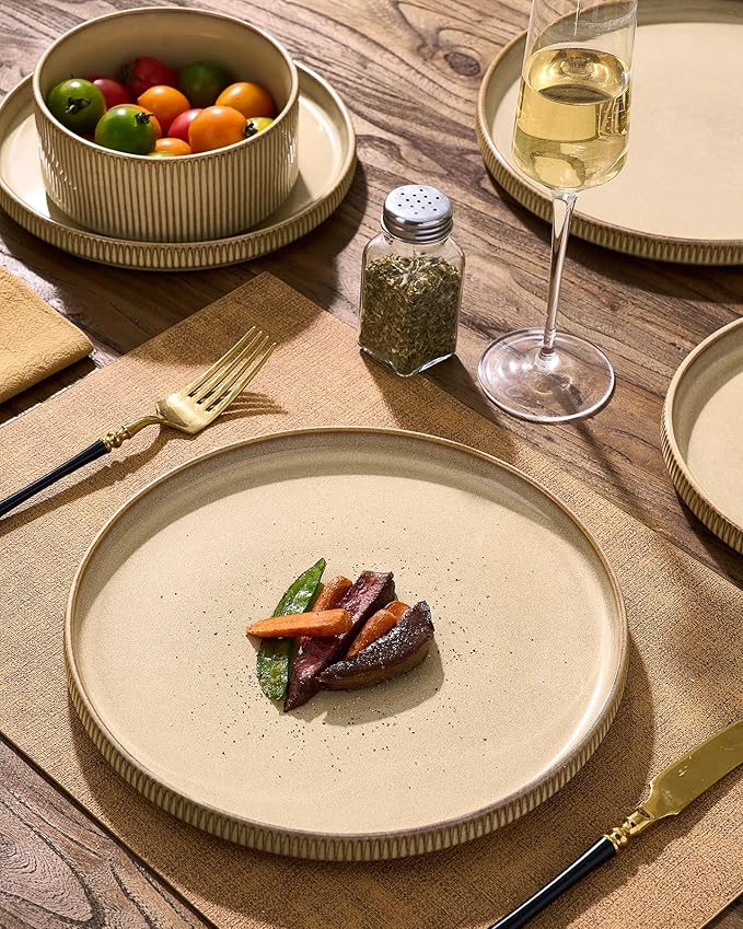 Stoneware Plates and Bowls Dishes Sets Service for 6 (18-Piece), Famiware Premium Handcrafted Reactive Glaze Dinnerware Set with Raised Rim, Scratch Resistant, Microwave Dishwasher Safe, Cream