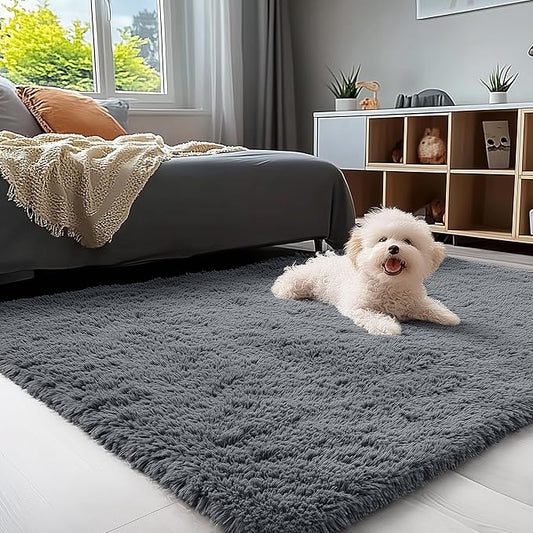 OLANLY 4x5 Machine Washable Accent Rug, Soft Fluffy Shaggy Area Rug for Bedroom, Living Room, Indoor Floor Carpet for Kids, Nursery, Home Decor, Grey