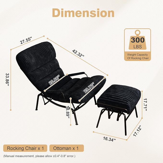 ovios Glider Rocking Chair with Ottoman, Mid-Century Modern Recliner Chair with Footrest, Comfy Gliding Rocker Lazy Accent Armchair for Living Room Bedroom, Cloud Plush Corduroy, Black