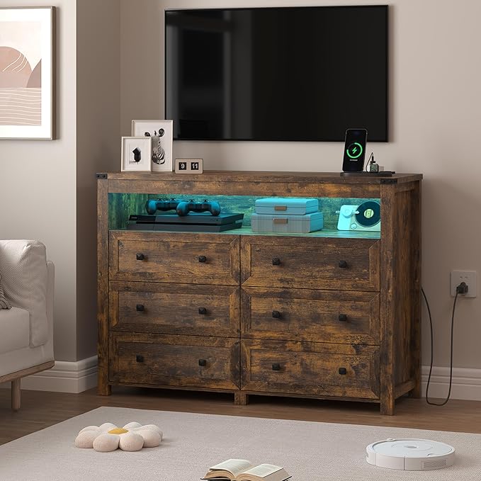 Brown Dresser 6 Drawer Dressers for Bedroom with LED Lights, Charging Station, Wood Chest of Drawers with Metal Handles, Modern TV Stand Storage Cabinet for Living Room, Hallway, Entryway