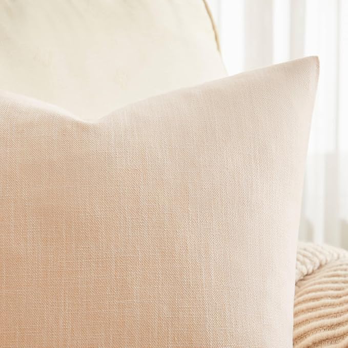 ZeeMart Rustic Cotton Linen Throw Pillow Covers Set of 2, 20x20 Inch Cream, Farmhouse Style Decorative Couch Pillow Cases Cushion Covers for Sofa Bed Living Room Home Decor