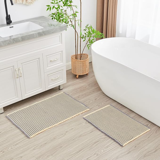 Douceur Waffle Bath mat for Bathroom Floor Non Slip, Super Soft Acrylic Blend Bath Rugs with Tassels, Quick Dry Bathroom Rugs Machine Washable,24" x 36", Grey&Yellow