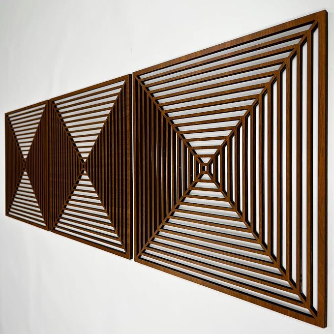 Square Wood Wall Art Triptych, Mid Century Modern Minimalist Wooden Decor, Large Optical Geometric Art Deco Panels, Abstract Home Gift for Living Room and Bedroom