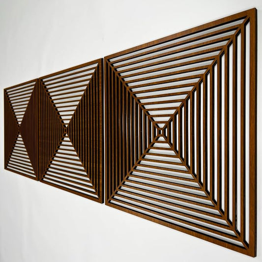 Square Wood Wall Art Triptych, Mid Century Modern Minimalist Wooden Decor, Large Optical Geometric Art Deco Panels, Abstract Home Gift for Living Room and Bedroom