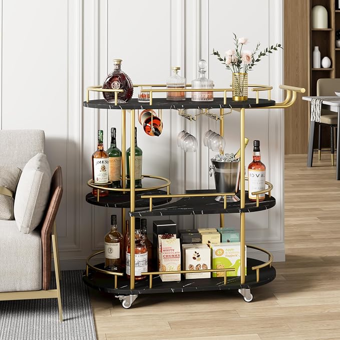 GarveeHome 3-Tier Bar Cart on Wheels, Mobile Serving Cart with Wine Rack and Glass Holder, Metal Kitchen Utility Cart for Coffee Station, Mini Home Bar, Dining Room - Gold+Black