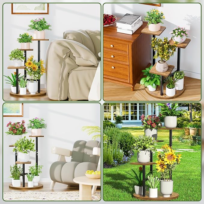 3 Tier Wood Plant Stand Indoor Outdoor, Wood Tall Plant Rack, Heavy Duty Wrought Iron Flower Pot Stand, Planter Display Rack for Living Room Balcony Garden Patio - BlackSquare