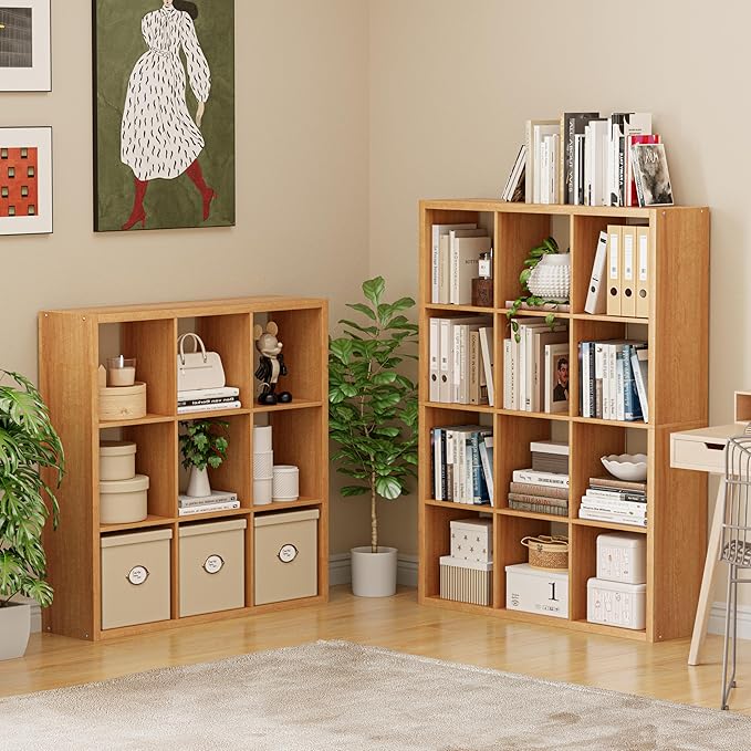 VDNEND Cube Storage Organizer Bookcase, Decorative 11 inch Open Back Cubical Shelf with Thickened Border, Display Bookshelf for Living Room, Home Office, Sturdy Room (Natural Oak, 12 Cube)