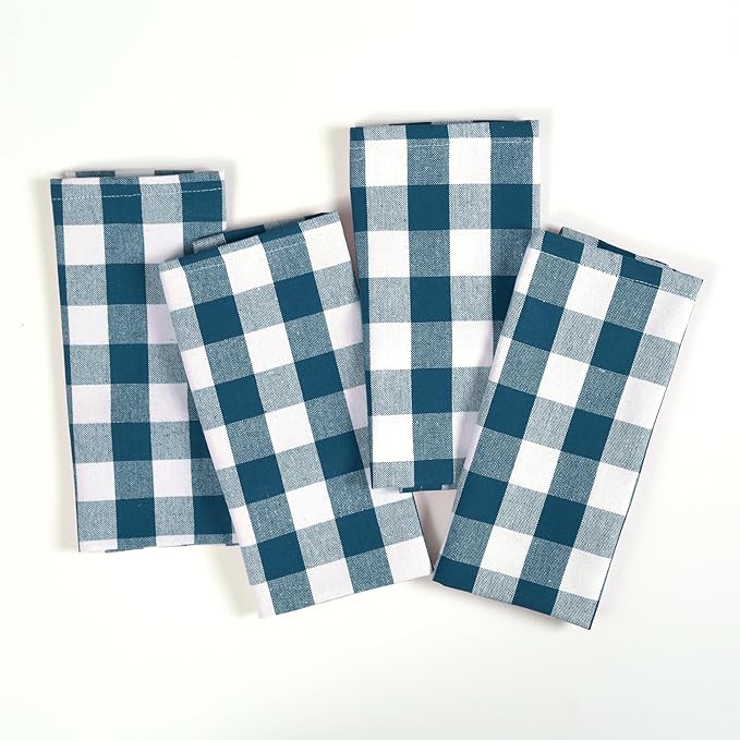 Gingham Check Kitchen Towels, 4 Pack, 16x26 Inches, 100% Cotton - Highly Absorbent, Fast Drying, Dish Towels for Drying Dishes, Hand Cleaning Towels with Hanging Loop, Teal and White