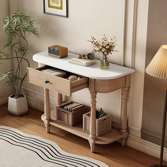 SOFTSEA Small Curved Console Table with Storage Drawer and Open Shelf, Farmhouse Wood Entryway Table with Drawer for Living Room, Save Space, White+Beige