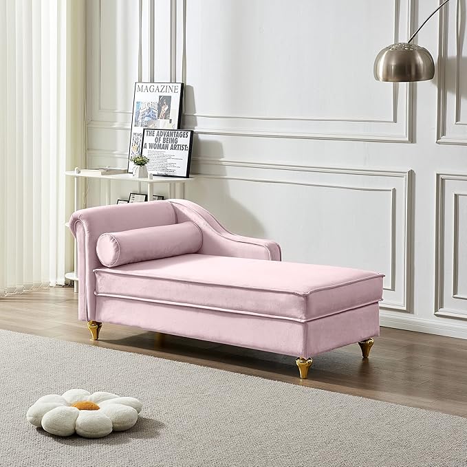 60.6''Velvet Chaise Lounge Indoor, Modern Velvet Lounge Chair with Left Armrest & Lumbar Pillow,Button Tufted Lounge Sofa with Storage for Bedroom, Living Room and Office,Pink