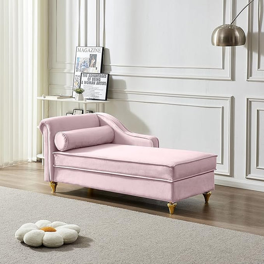 60.6''Velvet Chaise Lounge Indoor, Modern Velvet Lounge Chair with Left Armrest & Lumbar Pillow,Button Tufted Lounge Sofa with Storage for Bedroom, Living Room and Office,Pink